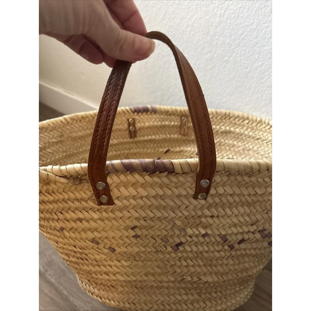 Handmade Woven Straw Market Basket with Brown Leather Handles Beach Shopping
